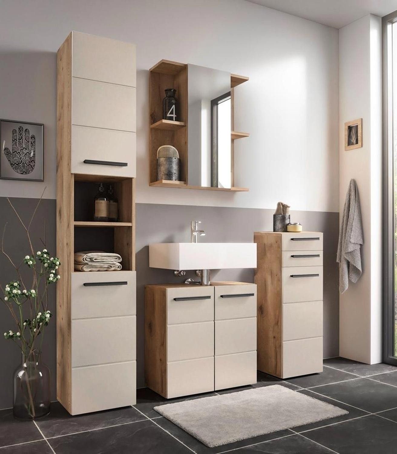 Bega Consult Unterschrank SPLIT, Viking Eiche Dekor, Sandfarben, 1 Tür, 2 Schubladen, B 34 x H 104 x T 31 cm