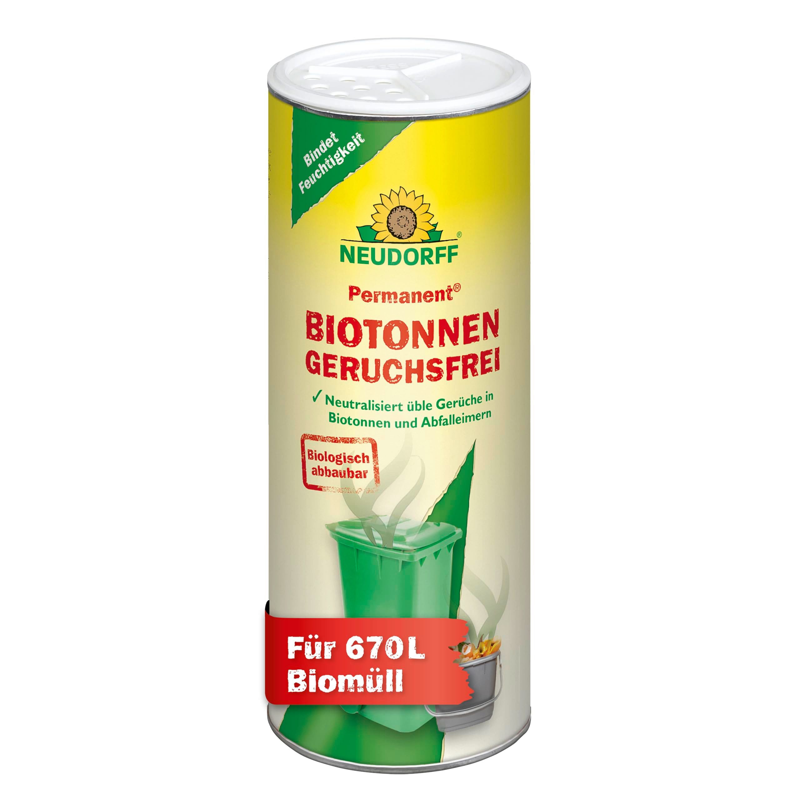 Neudorff Vergrämungsmittel Permanent BiotonnenGeruchsFrei 500 g für 670L Biomüll, biologisch abbaubar, neutralisiert üble Gerüche in Biotonnen, Abfalleimern und Kompostern, Biologisch abbaubares Geruchsneutralisierungs-Granulat