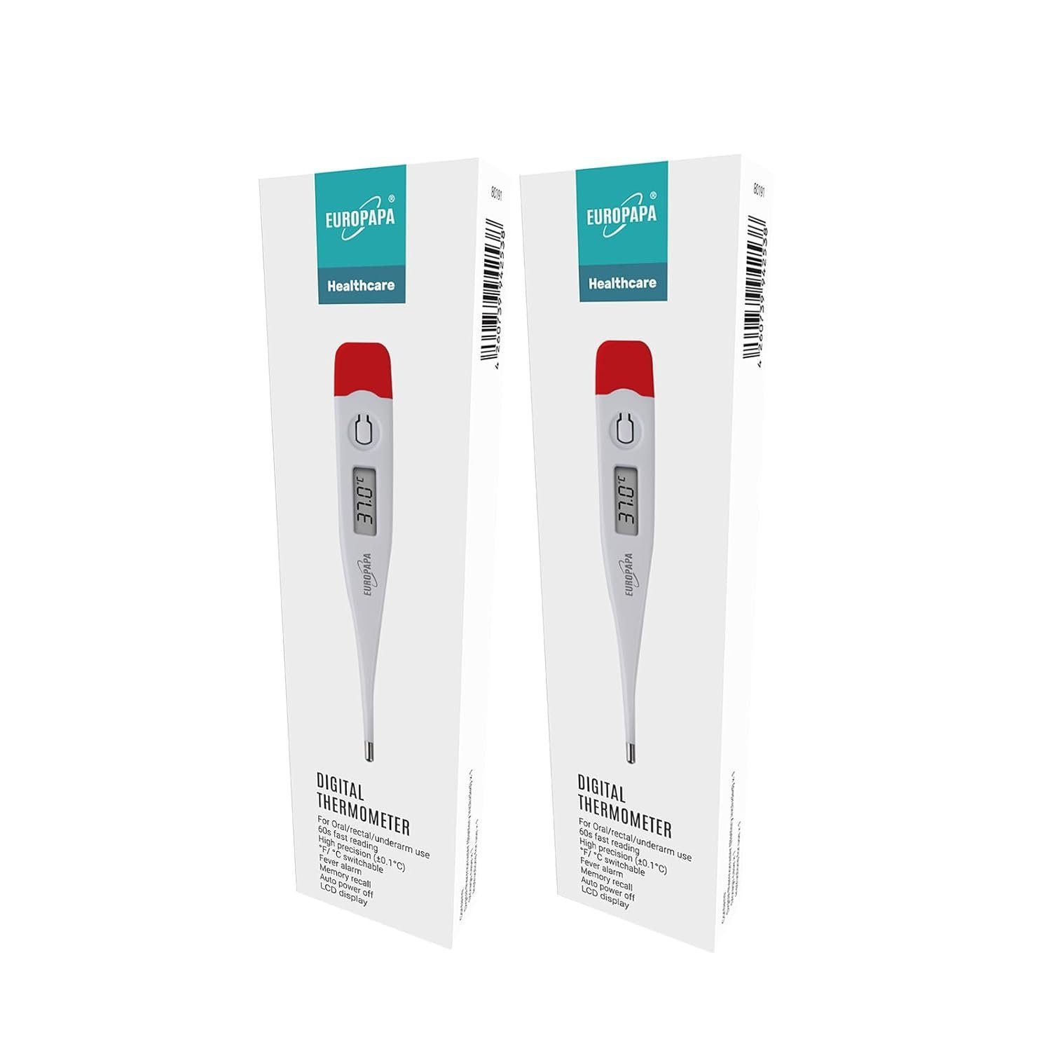 EUROPAPA Fieberthermometer 2 Stück Digitales Fieberthermometer für Babys, 2-tlg., Kinder und Erwachsene, Thermometer für oral, axillar oder rektal, wasserdicht mit Fieberalarm