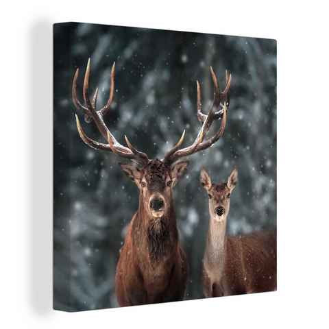 OneMillionCanvasses® Leinwandbild Hirsche - Tiere - Winter - Geweih - Schnee - Natur, (1 St), Leinwand Bilder für Wohnzimmer Schlafzimmer