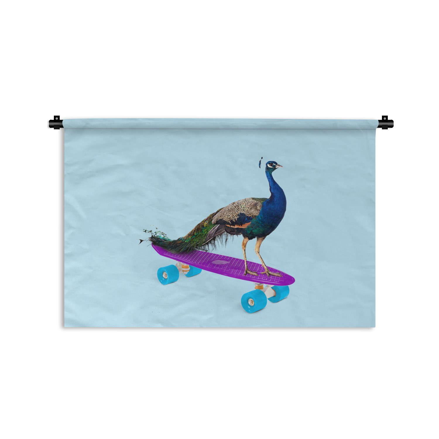 MuchoWow Wanddekoobjekt Pfau - Blau - Skateboard - Tiere - Lustig, Wanddeko für Wohnzimmer, Schlafzimmer, Kleid, Wandbehang, Kinderzimmer