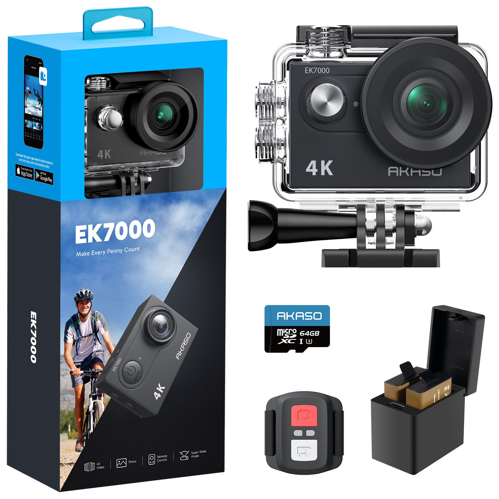 Akaso EK7000 Action Cam (4K Ultra HD, 30M wasserdicht, 170°Ultra Weitwinkelt, Fernbedienung)