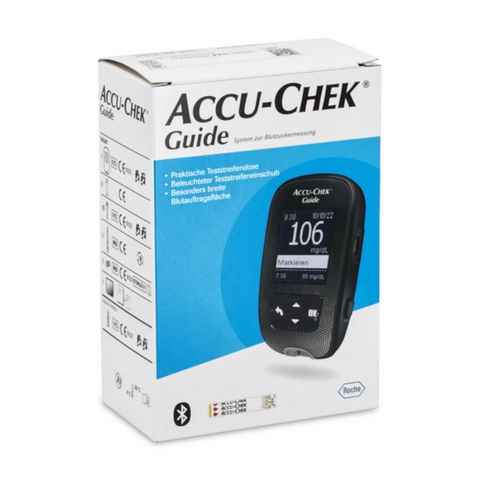 Roche Blutzuckermessgerät Accu-Chek Guide mmol oder mgdl, Starterset, Diabetesüberwachung, mit Bluetooth und App, Großes beleuchtetes Display, Integrierter Auswurfknopf