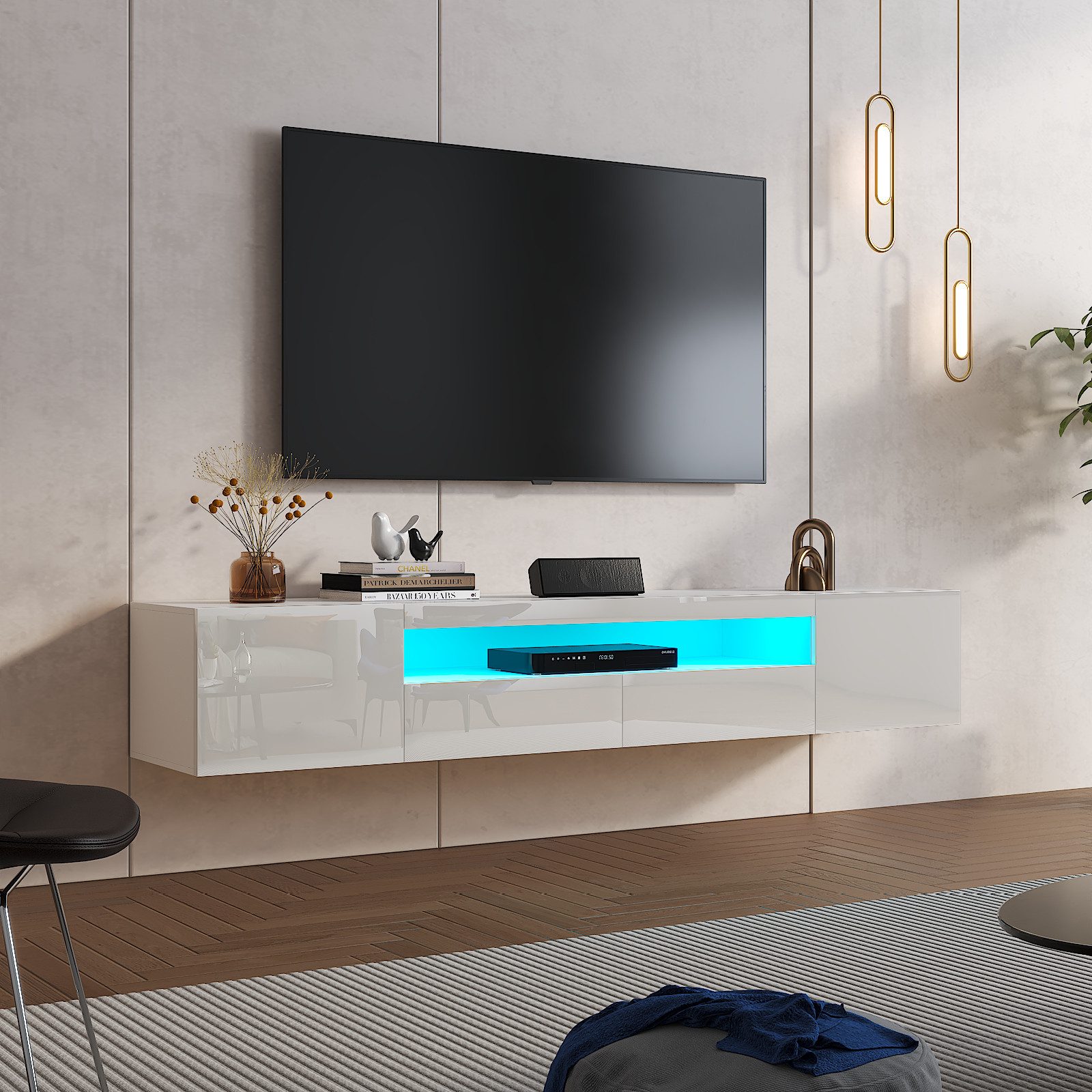 radelldar Lowboard 180cm Hochglanz mit LED-Beleuchtung und Stauraum (1 St), hängender TV-Schrank für Fernseher bis 85 Zoll
