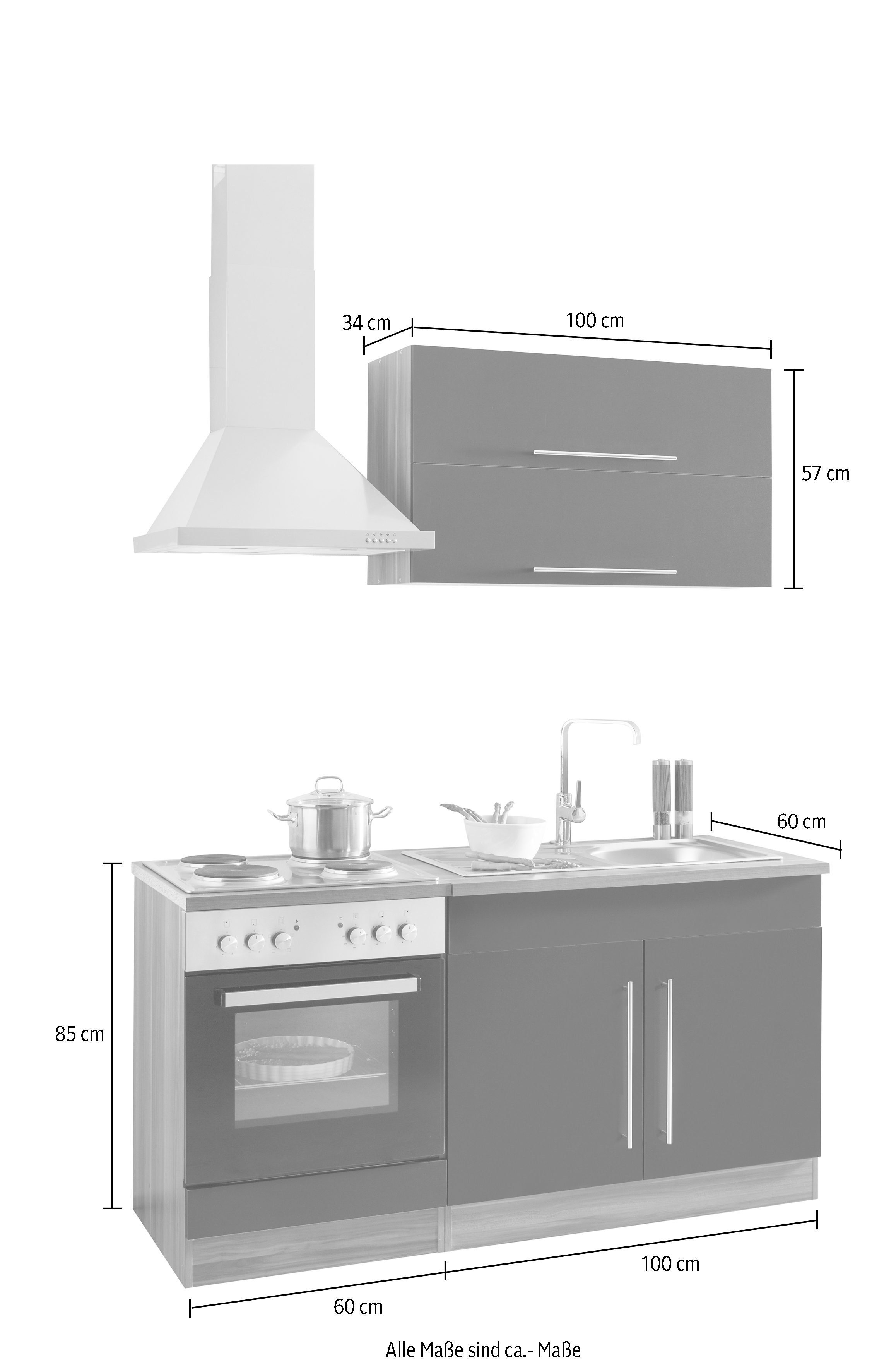 Küchenzeile cm 160 E-Geräten, HELD | vintage vintage MÖBEL Eiche mit Samos, Breite schwarz Hochglanz/Eiche