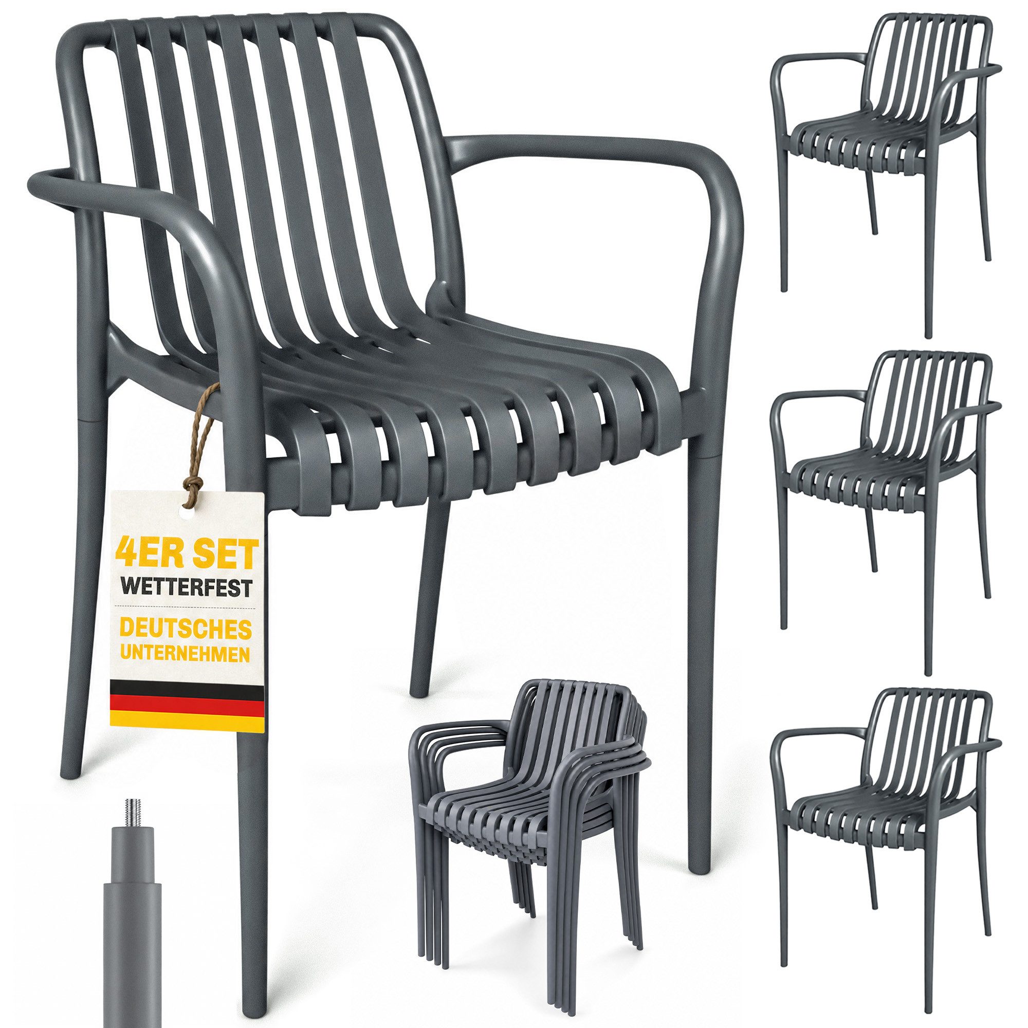 Outsunny Gartenstuhl Stapelbare Balkonstühle mit Lamelldesign-Armlehnen ergonomisch 120kg (Terrassenstühle, 4 St), für Garten, Balkon Terrasse 55 x 58,5 x 81,5 cm Dunkelgrau