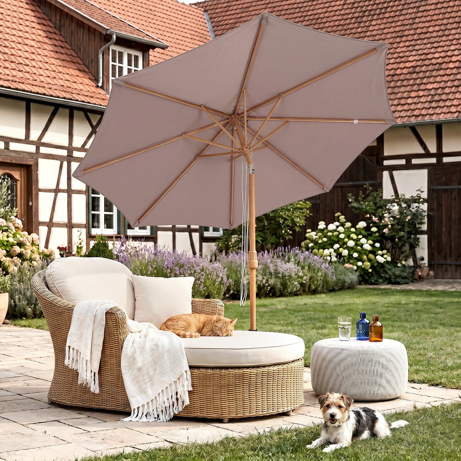 Sekey Sonnenschirm 300 x 300 cm Sonnenschirm Holzoptik Gartenschirm Knickbar, UPF 50+, LxB: 300x300 cm, Doppeltes Seilzugsystem, Neigungsverstellung, für Garten