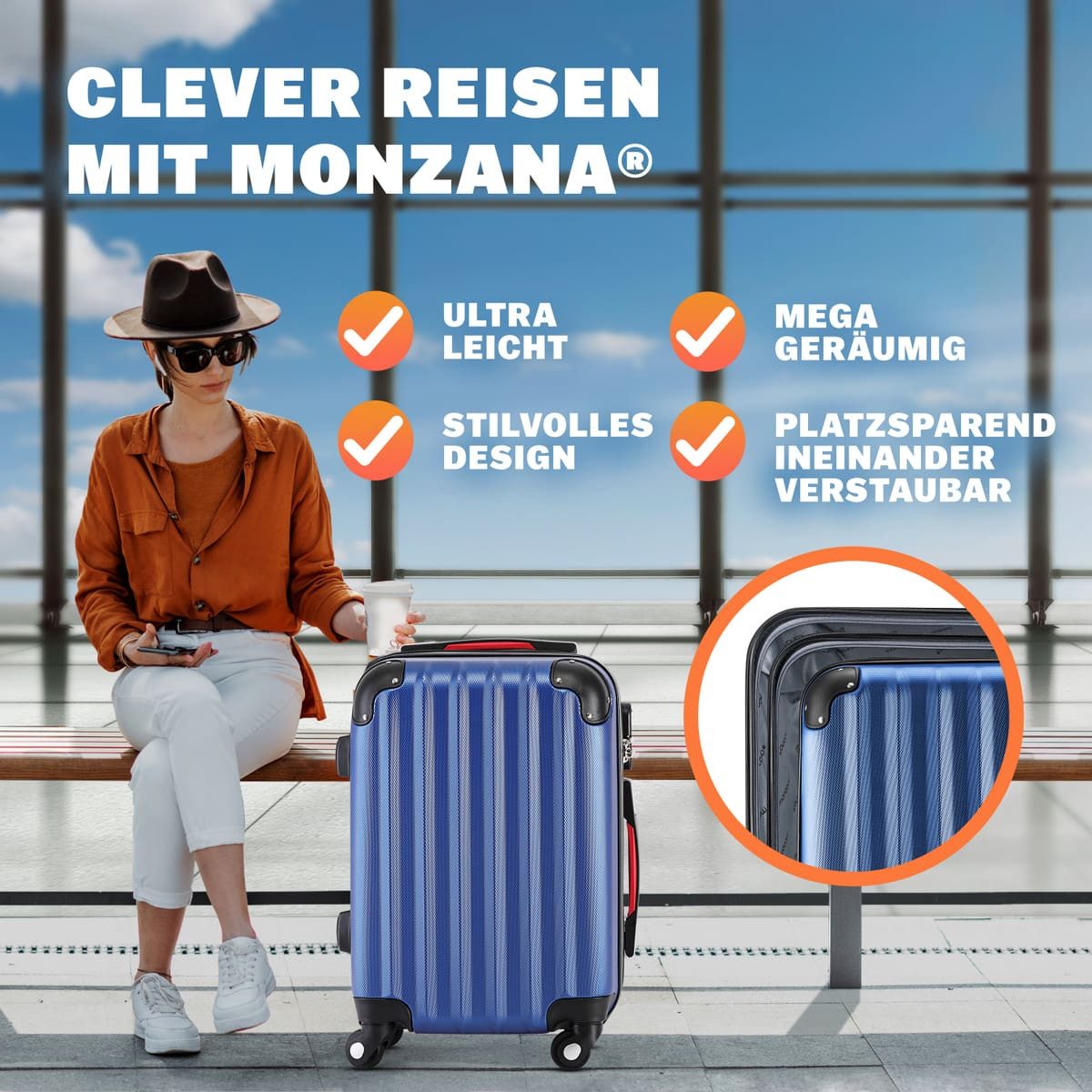 monzana Hartschalen-Trolley, 4 Rollen Rollen, Rollkoffer Zahlenschloss Reisekoffer Hartschalenkoffer Trolley Blau L
