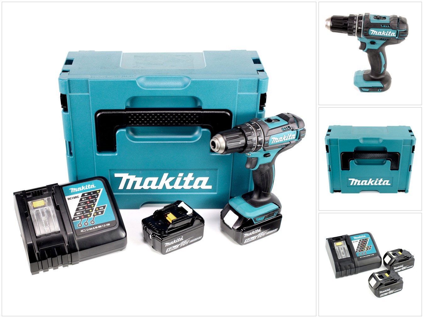 Makita Akku-Schlagbohrschrauber DHP 482 RTJ 18V 62Nm im Makpac + 2x 5,0 Ah Akku + Ladegerät
