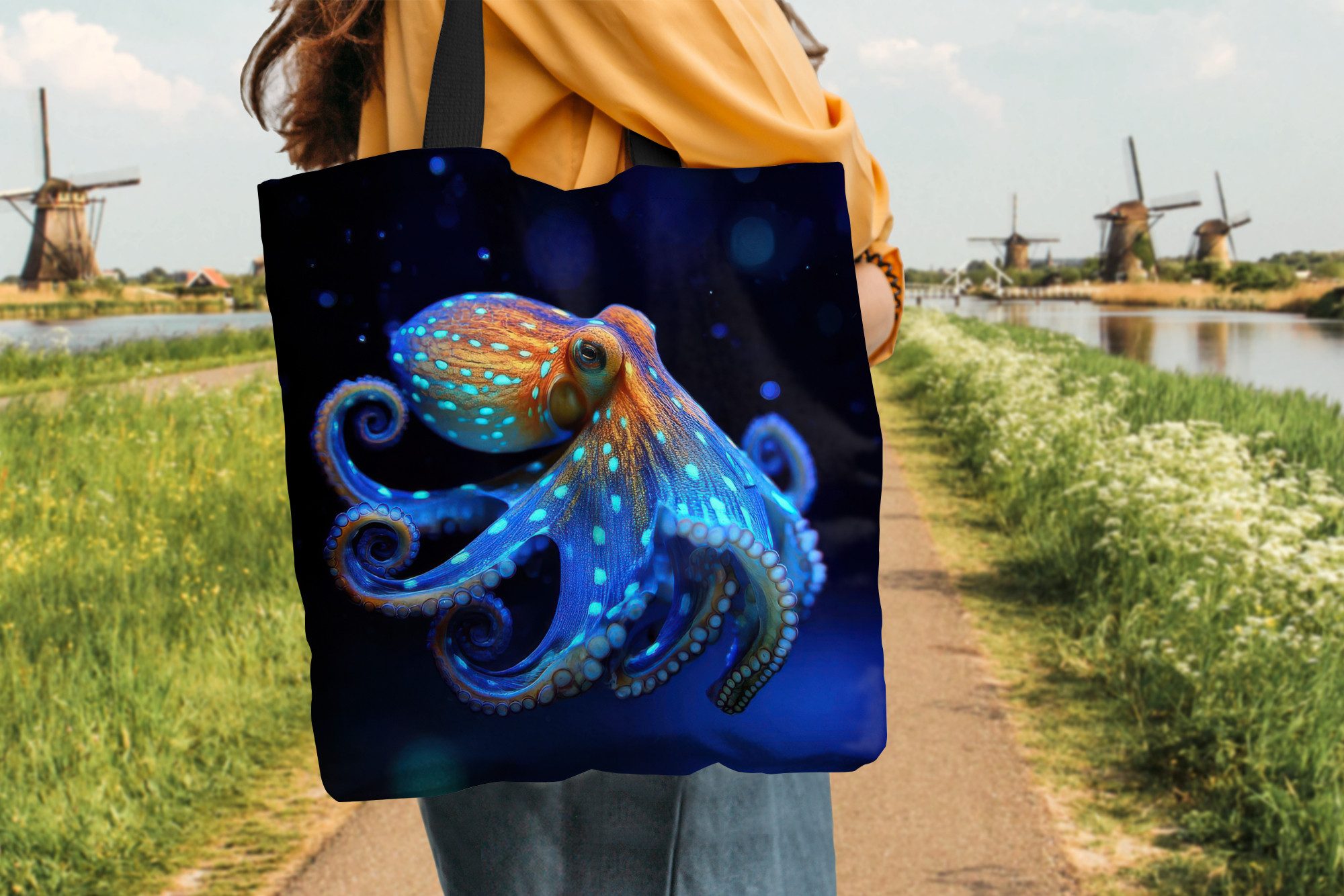 MuchoWow Shopper Oktopus - Punkte - Blau - Meer, Handtasche, Damen und Herren, Schultertasche, Umhängetasche, Tote Bag