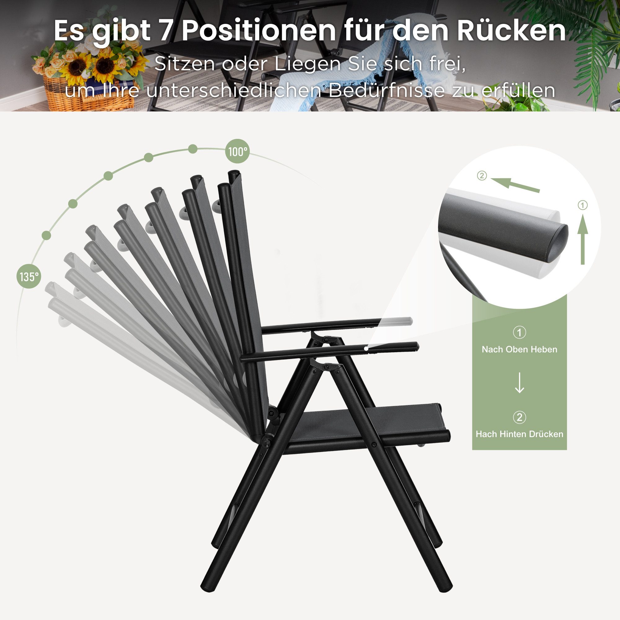 PHI VILLA Garten-Essgruppe, (Outdoor Terrassenmöbel Set mit 7 Verstellbaren Garten Klappstühle, Wetterfest Gartentisch mit Stühlen), 5 PCs Gartenmöbel Set
