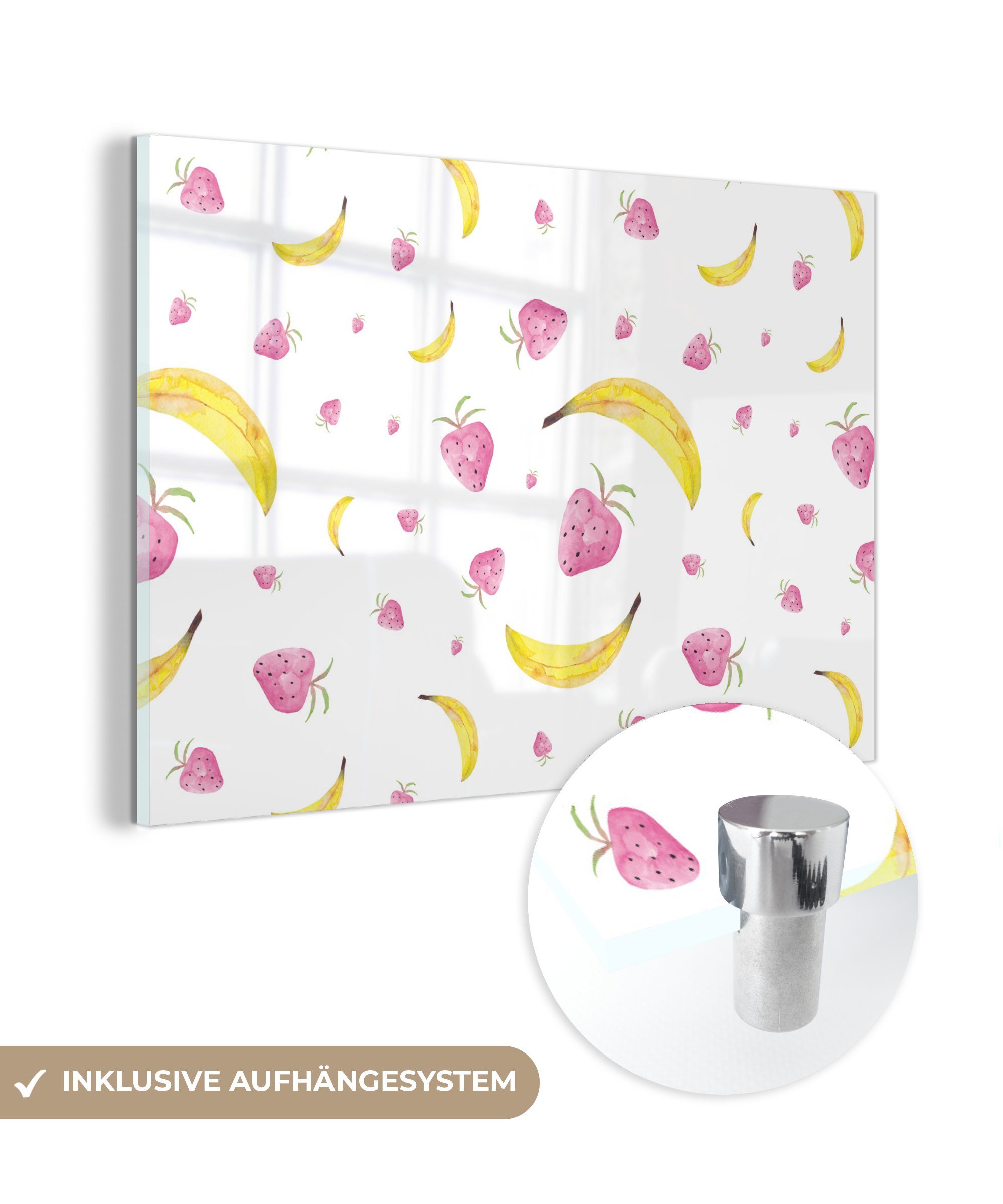 auf (1 - Bilder Glasbilder MuchoWow St), Foto Glas - Wanddekoration - - - Glas Acrylglasbild auf Banane Erdbeere Wandbild Design,