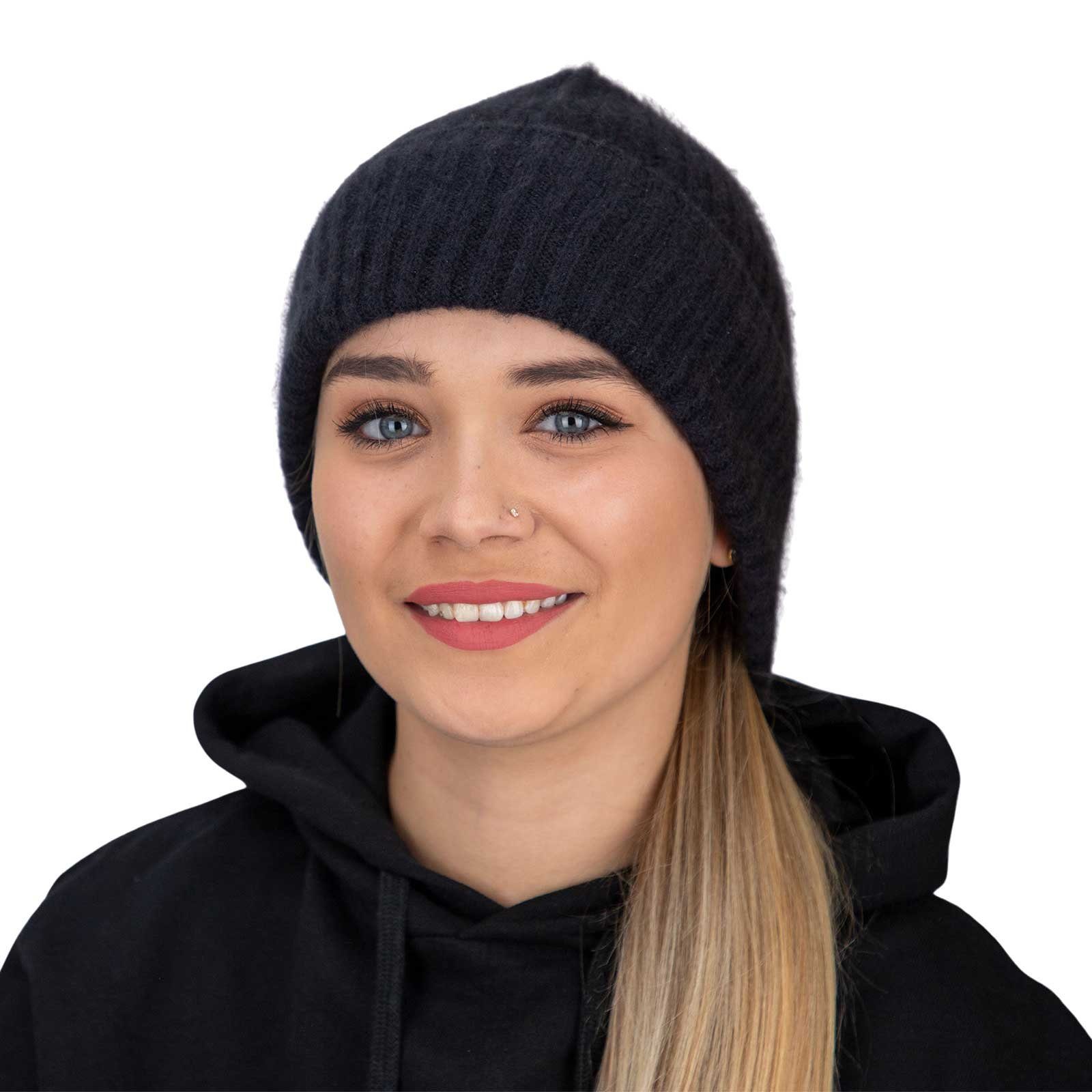 Beanie Schwarz UND aus Mütze Long gerippt KUNST Beanie MAGIE Unisex Slouch Kashmir Wolle