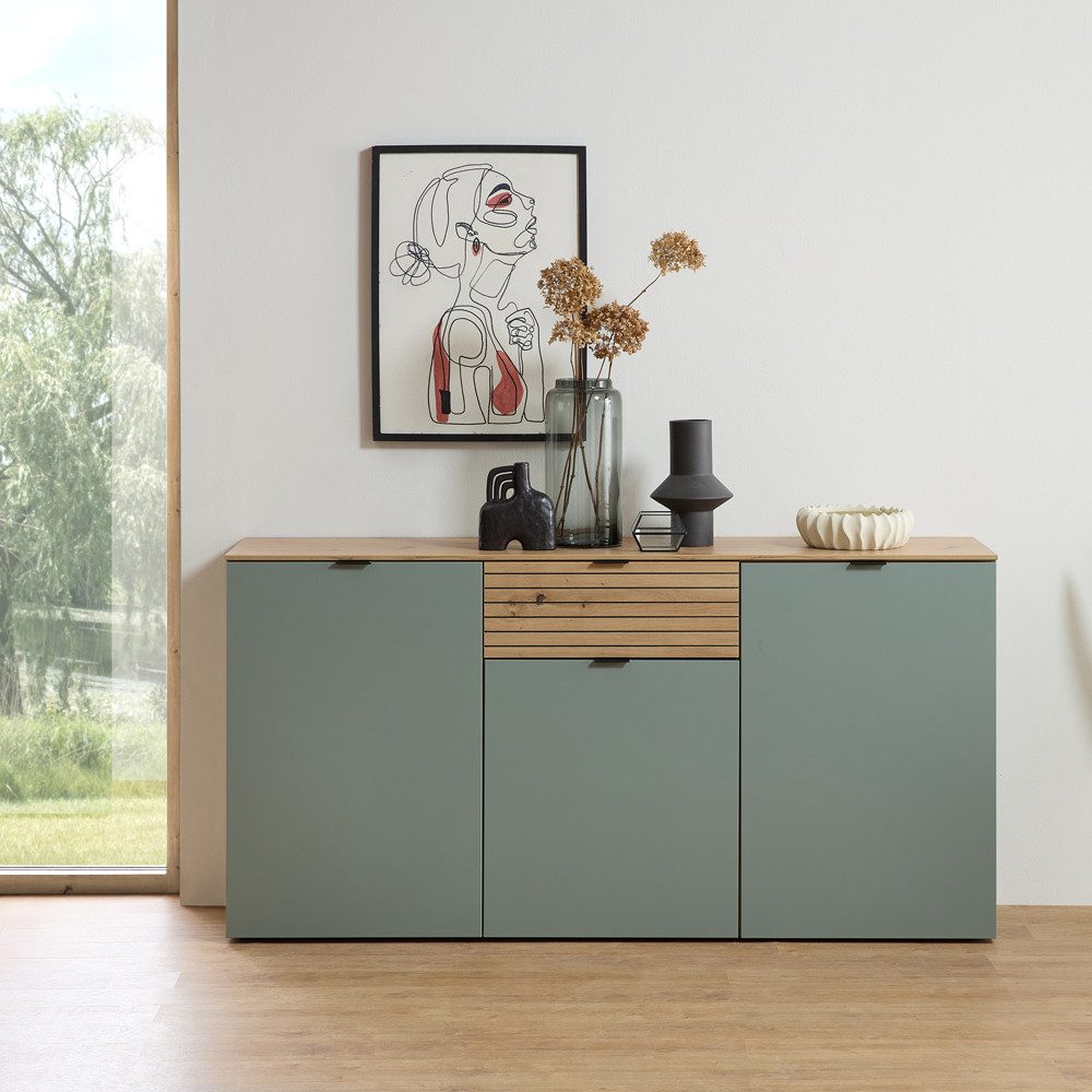 Lomadox Sideboard ISCHIA-36, in Grün mit Eiche, 180 cm breit, Softclose