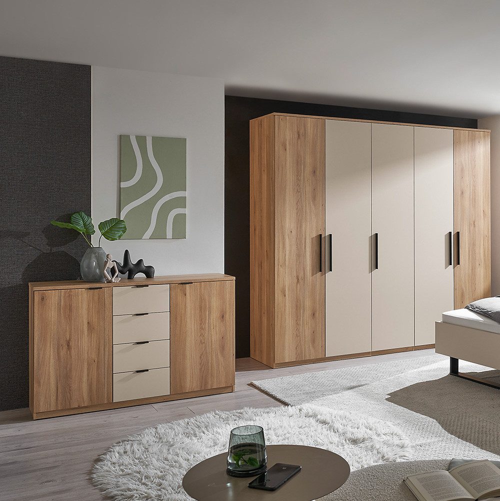 Lomadox Schlafzimmer-Set DAUSA-77, (Spar-Set, 2-tlg., Kommode Kleiderschrank), Eiche mit kaschmir, Softclose-Funktion, flexible Einteilung