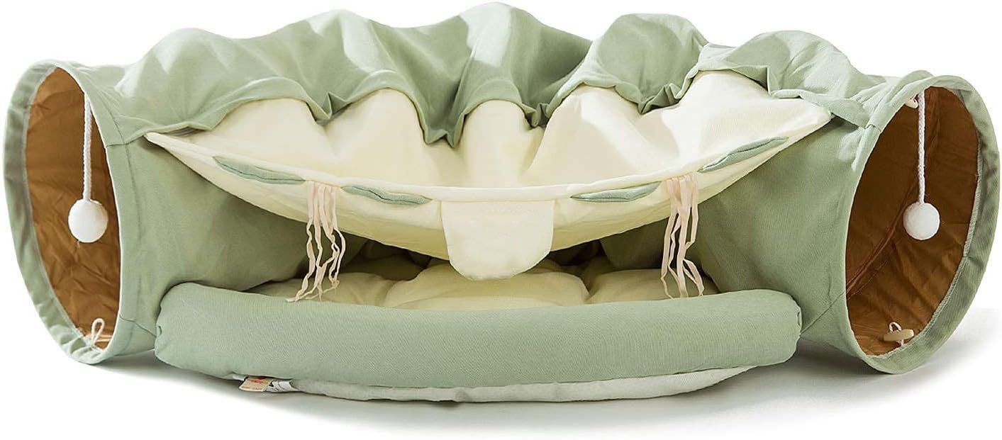 Refined Living Tierbett Katzentunnel Mit Schlafplatz, Rascheltunnel Für Katzen, Faltbar,Tierbett und Katzentunnel in einem,Super weich,mit Spiel,Luxus Katzentunnel für Katzen & kleine Hunde, mit faltbarem Rohr, abnehmbarer Matte und Schüttelbällen