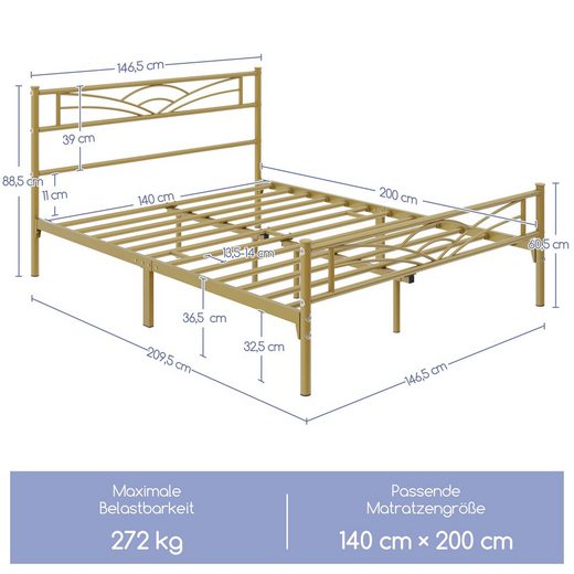 YAHEETECH Bettgestell Metallbett, Bettrahmen mit Kopfteil 140x200 cm Golden