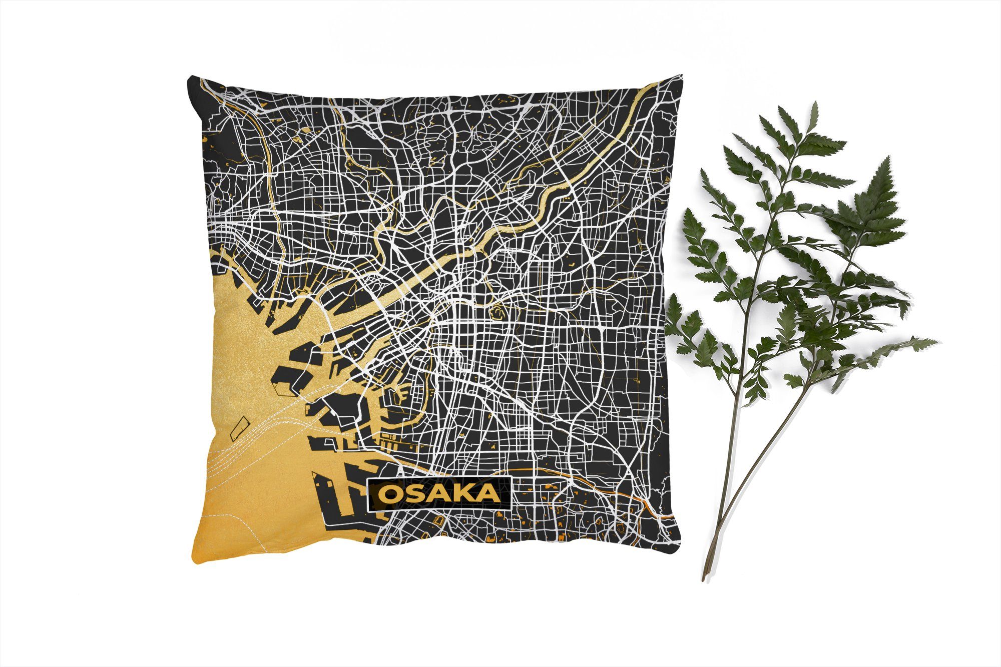 Sofakissen Stadtplan Zierkissen Deko, mit Karte, - - Füllung Dekokissen - Osaka Schlafzimmer, für Wohzimmer, Gold MuchoWow