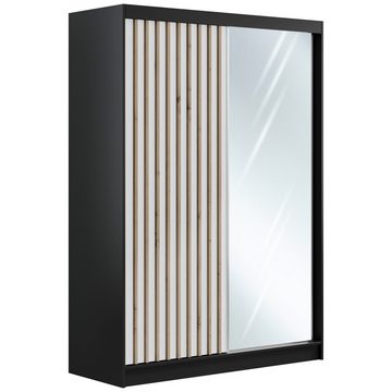 MKS MÖBEL Kleiderschrank LAOS Schwarz Schiebeschrank 150 cm, Spiegel und Lamellen, Modern