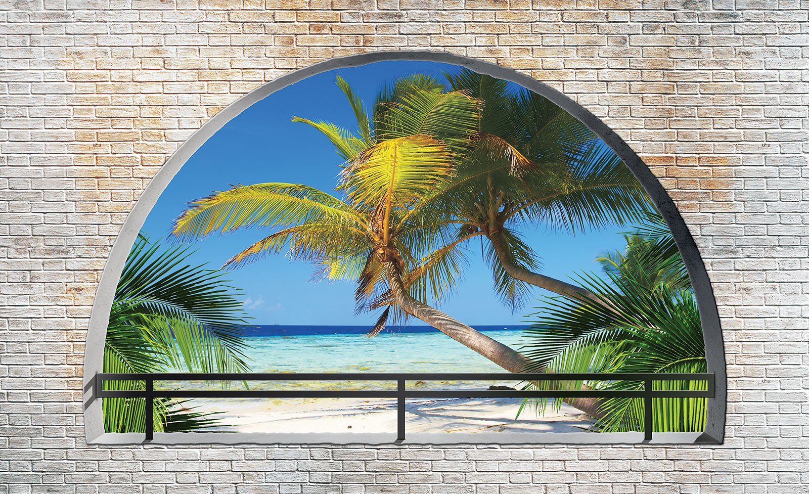 Palmen Tapete Kleister 3D Wallarena Strand Terrasse Natur Panorama 3D-Optik, Vliestapete Wandtapete Meer oder Landschaft Glatt, EFFEKT Fototapete Schlafzimmer Vlies Motivtapete, Fenster für Wohnzimmer inklusive Vliestapete