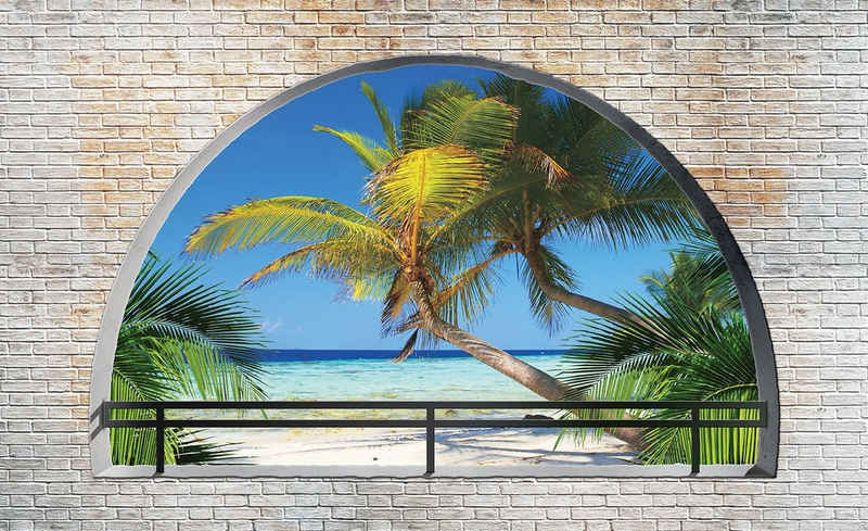 Wallarena Fototapete 3D EFFEKT Strand Palmen Meer Fenster Terrasse Panorama Natur Landschaft Vlies Tapete für Wohnzimmer oder Schlafzimmer Vliestapete Wandtapete Motivtapete, Glatt, 3D-Optik, Vliestapete inklusive Kleister