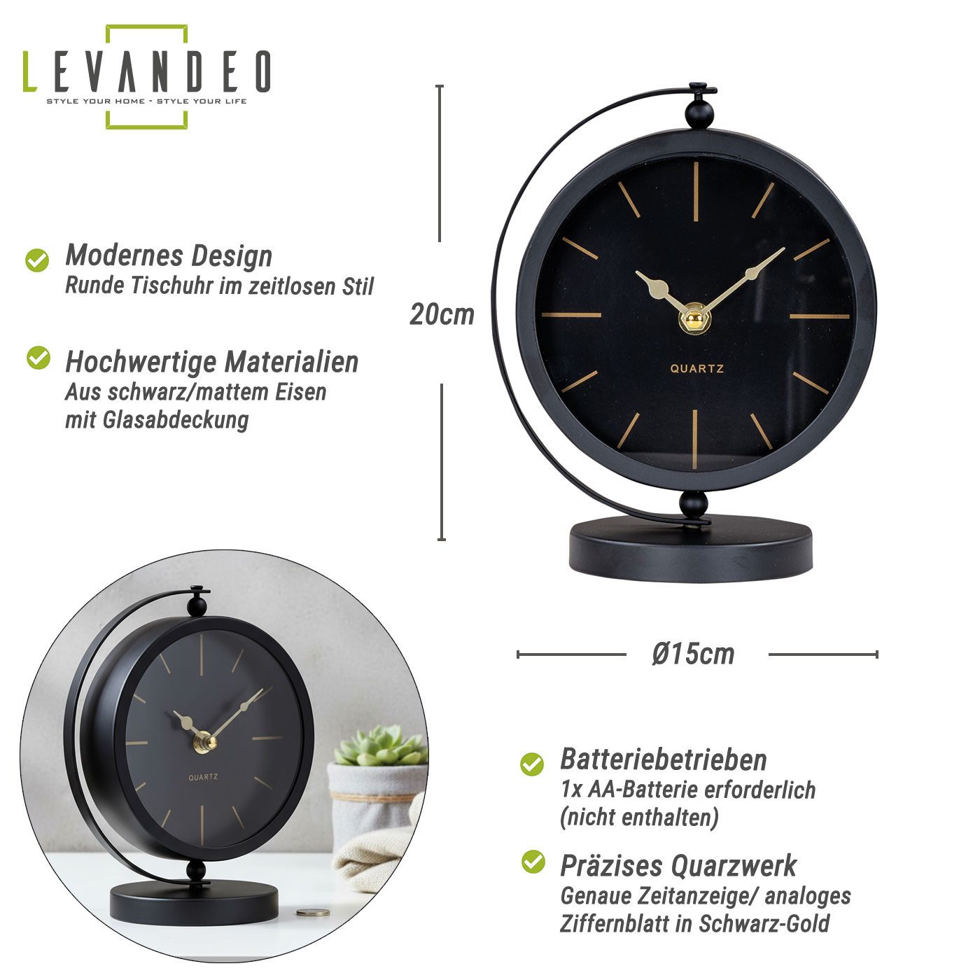 Levandeo® Tischuhr Tischuhr H20cm Schwarz Gold Metall Vintage Retro Metalluhr Analog