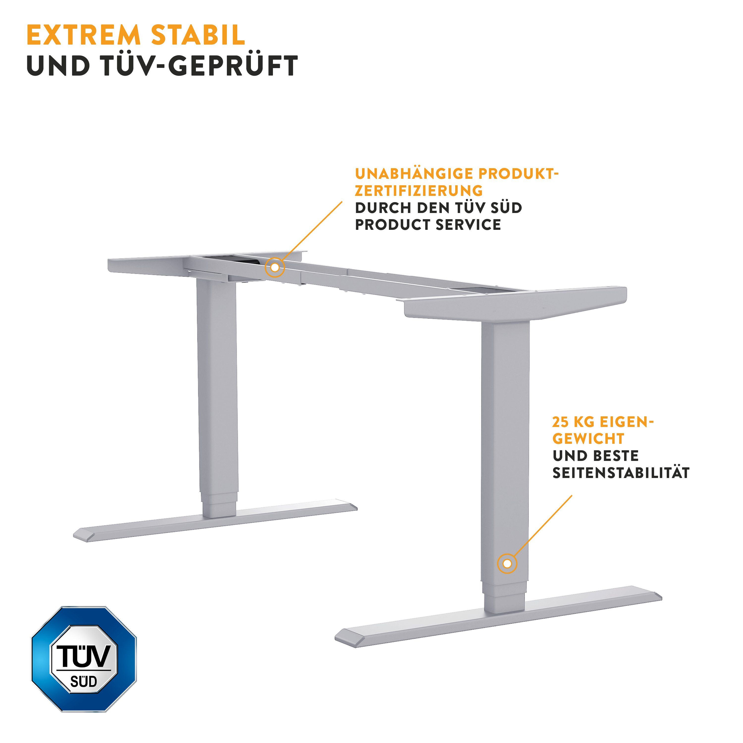 boho office® Schreibtisch Homedesk, Silber elektrisch höhenverstellbar, Tischplatte Lichtgrau 120 x 80 cm