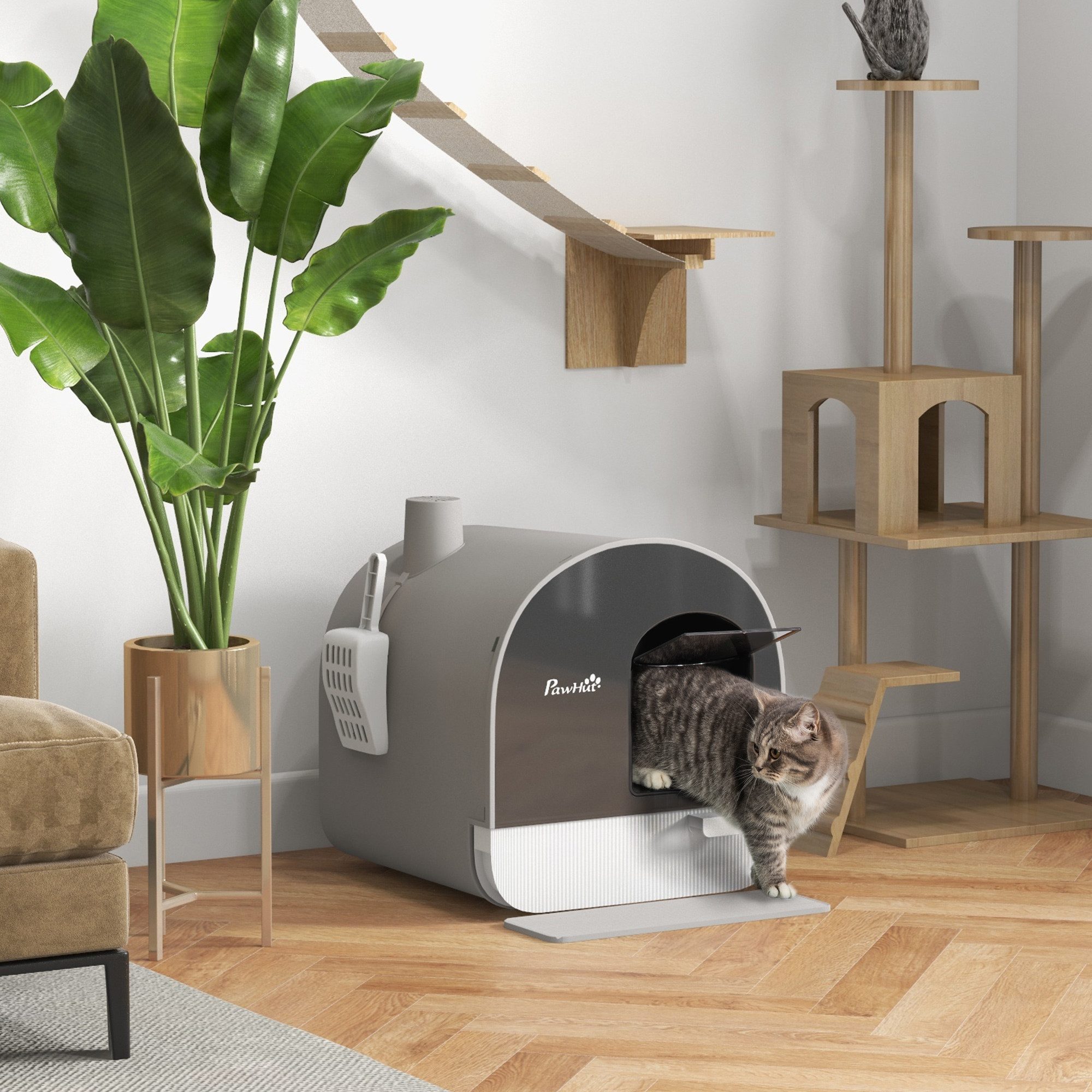 PawHut Katzentoilette Katzenklo mit Deckel inkl. Schaufel, ausziehbares Tablett, Toilette, Kunststoff, Grau, 43 x 44 x 47 cm