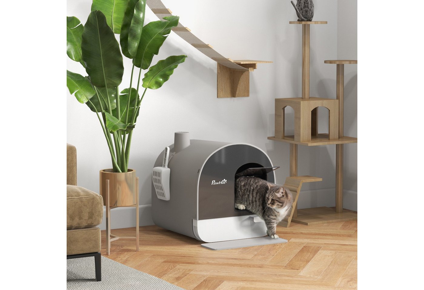 Thumbnail - PawHut Katzentoilette Katzenklo mit Deckel inkl. Schaufel, ausziehbares Tablett, Toilette, Kunststoff, Grau, 43 x 44 x 4...