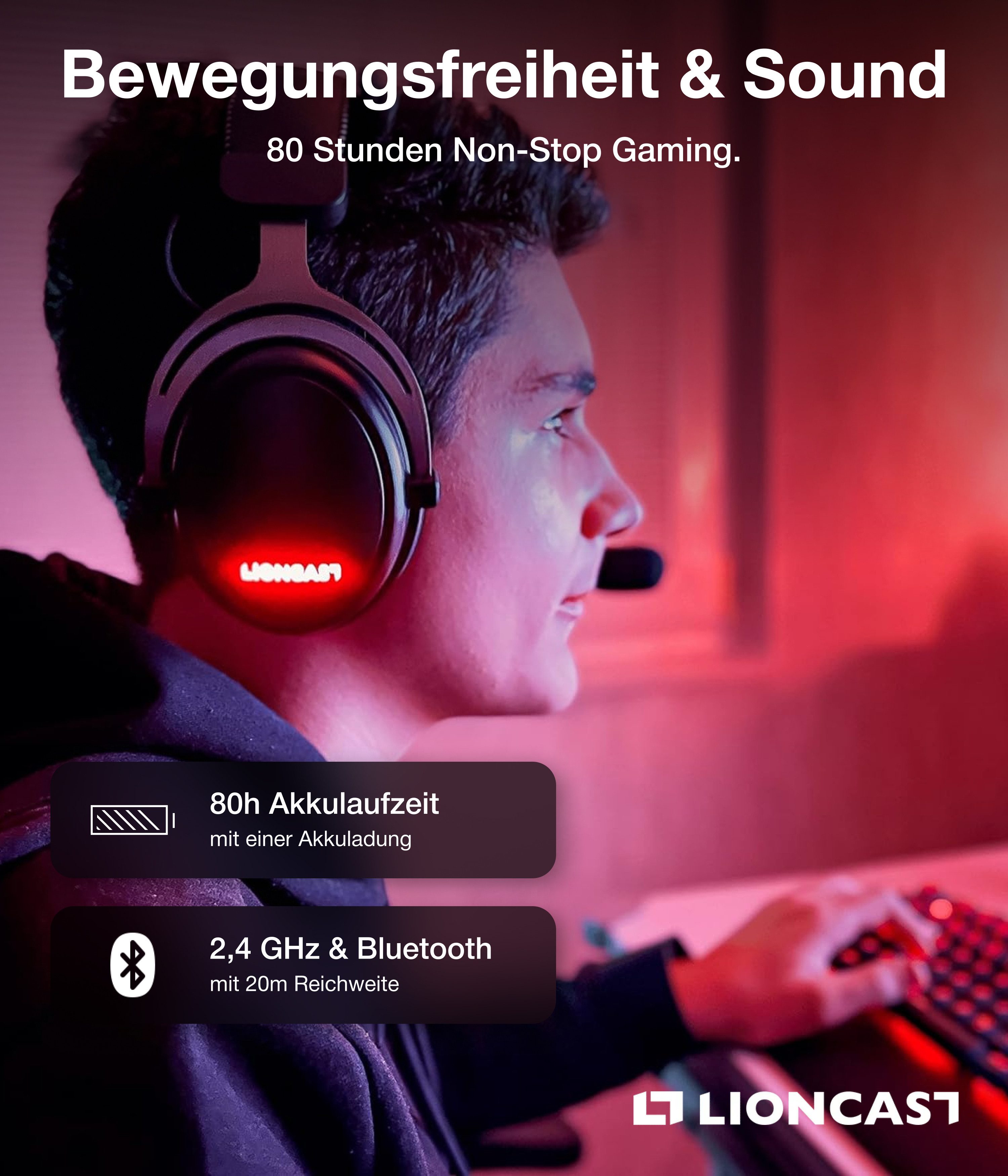 Lioncast LX80 WIRELESS GAMING HEADSET Gaming-Headset (Bluetooth, USB Dongle, USB Kabel, Kabellos)
