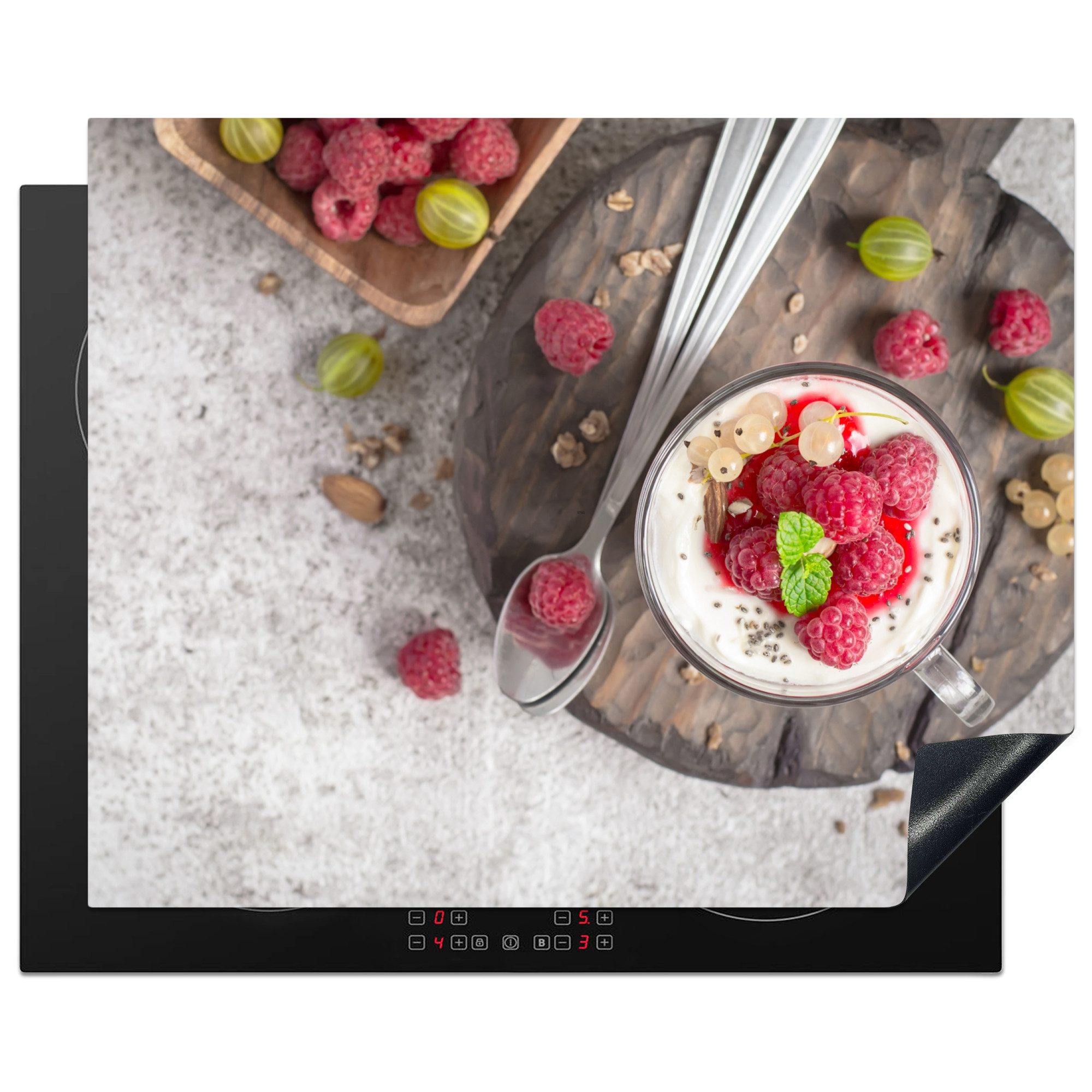 MuchoWow Herd-Abdeckplatte Dessert - Obst - Holz, Vinyl, (1 tlg), Herdabdeckplatten für Ceranfeld, Induktionsschutz, 65x55 cm