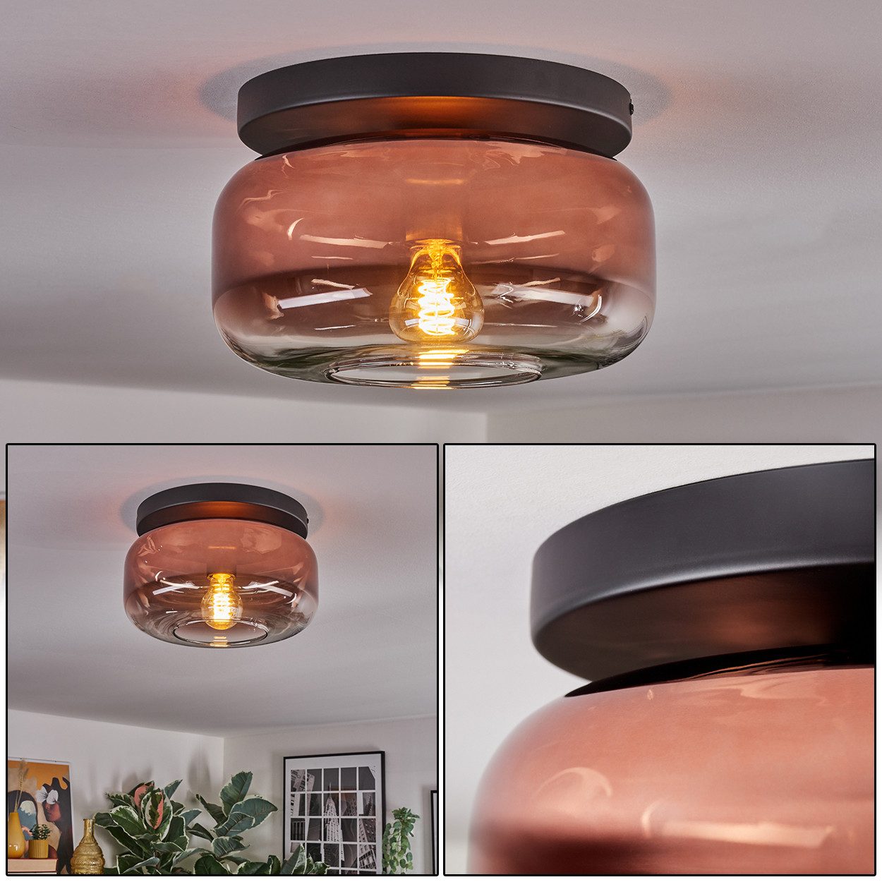 hofstein Deckenleuchte 1-flammige Deckenlampe aus Metall/Glas in Schwarz/Kupferfarben/Klar, ohne Leuchtmittel, moderne Leuchte im Retro/Vintage-Design (Schirm Ø 28 cm), E27