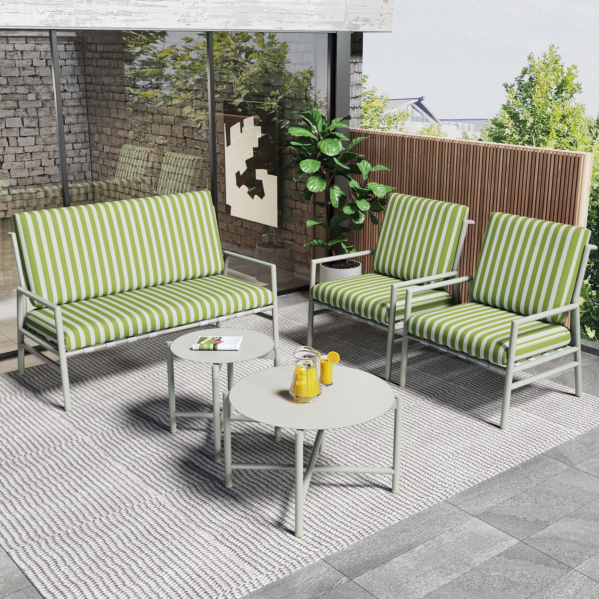 Flieks Gartenlounge-Set, 4 Sitzer Gartenmöbel Balkonset Sitzgruppe(1 Sofa + 2 Sessel + 2 Tisch)
