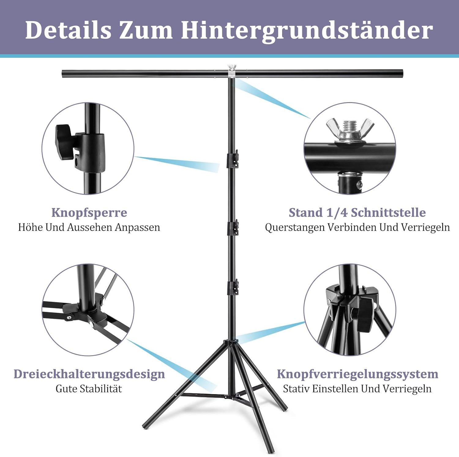 Youyijia Blitz-Halterung Background Stand 2 x 1.5 m Photo Background Stand Height Adjustable – Bild 4 von 5