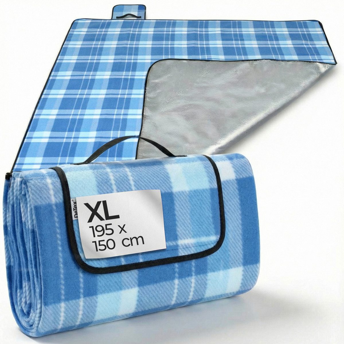 Picknickdecke, Detex, XL 195x150 cm Wasserdicht Wärmeisoliert 2-4 Personen Blau