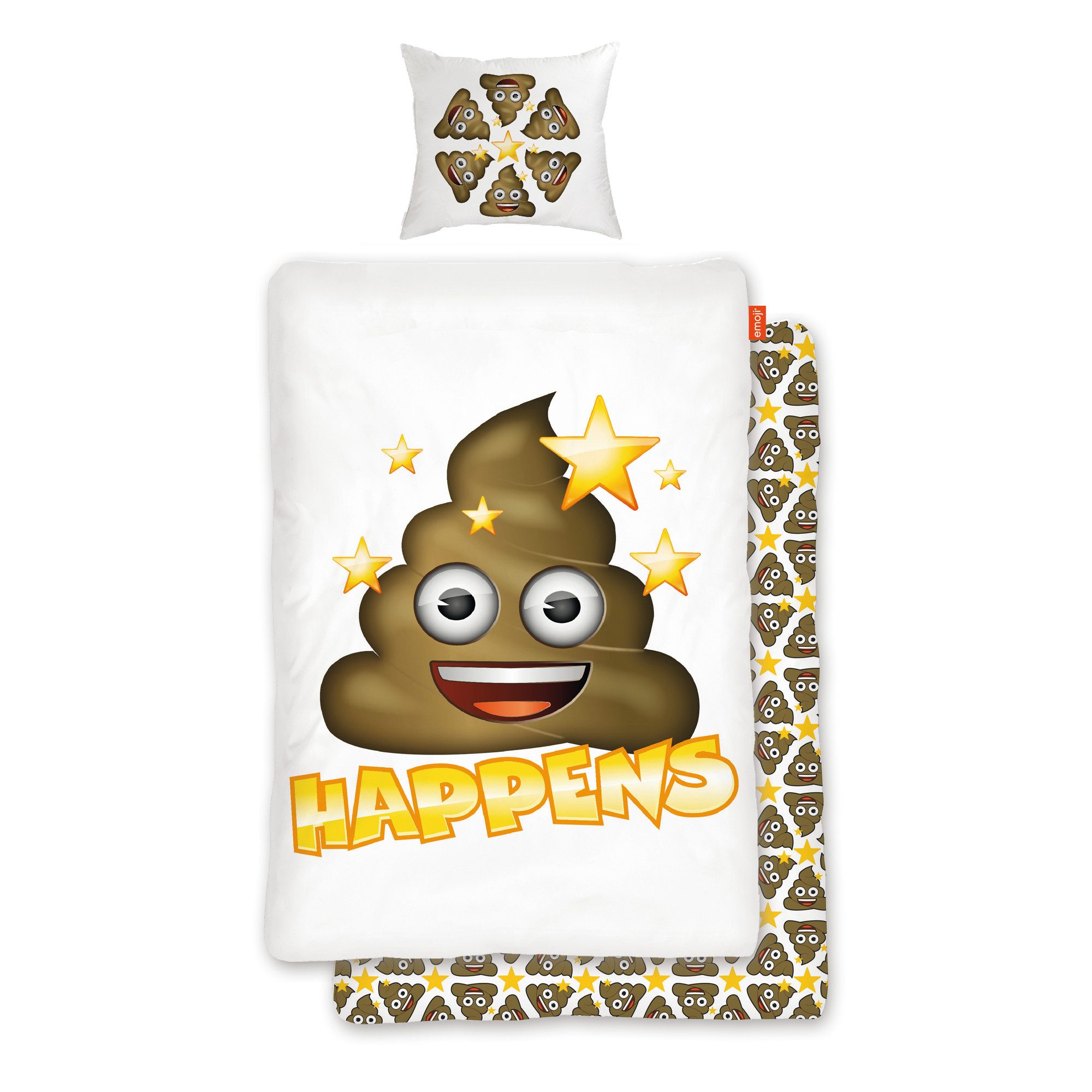 BERONAGE Wendebettwäsche Emoji Shit Happens Bettwäsche Linon / Renforcé lustiger Bettbezug, 100% Baumwolle, 2 teilig, 135x200 + 80x80 cm