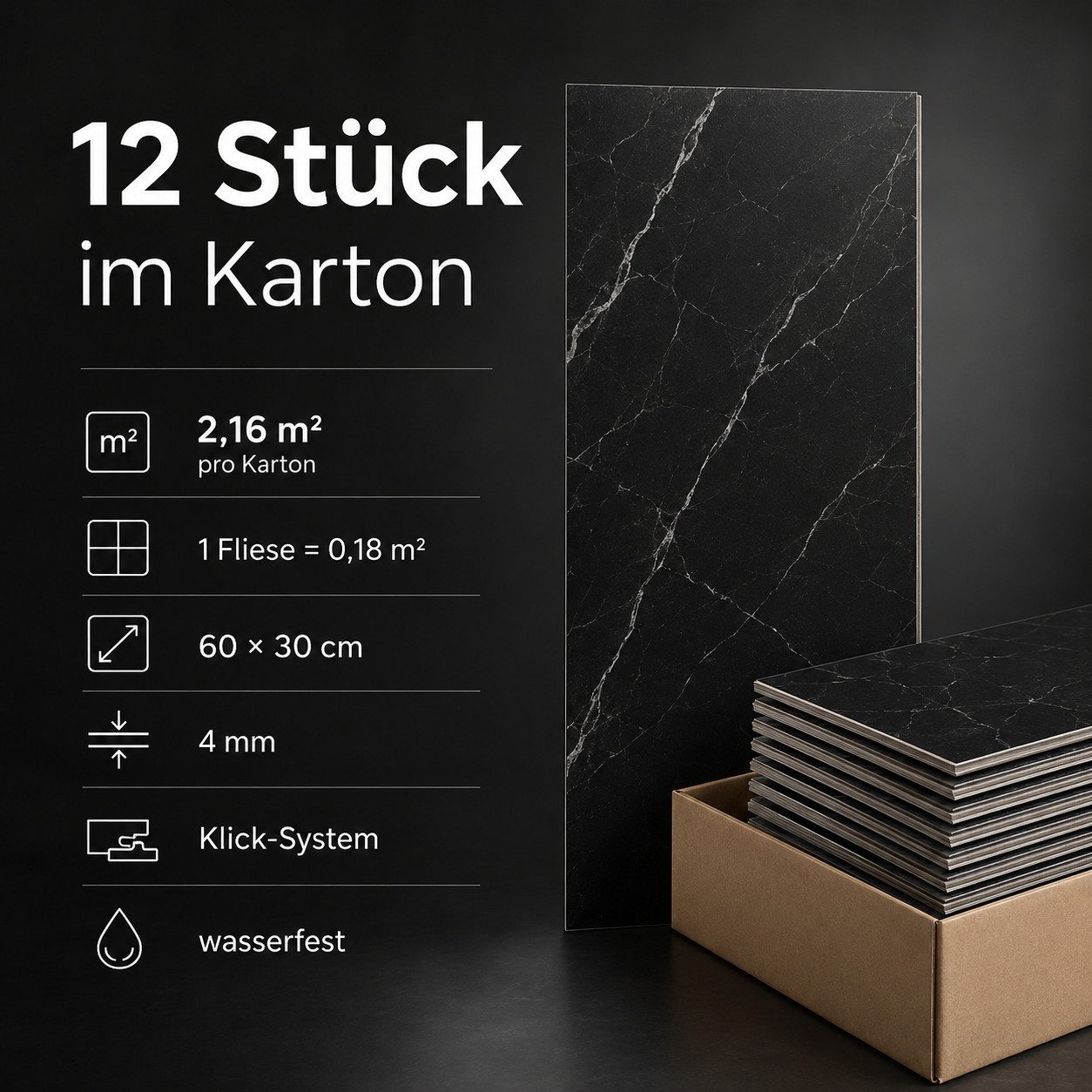NoblesBox Designboden SPC Klick-Vinylboden 4 mm, 60 x 30 cm, Fliesen- und Steinoptik, wasserfest, antistatisch, pflegeleicht, kleberfrei, für Badezimmer – Bild 3 von 5