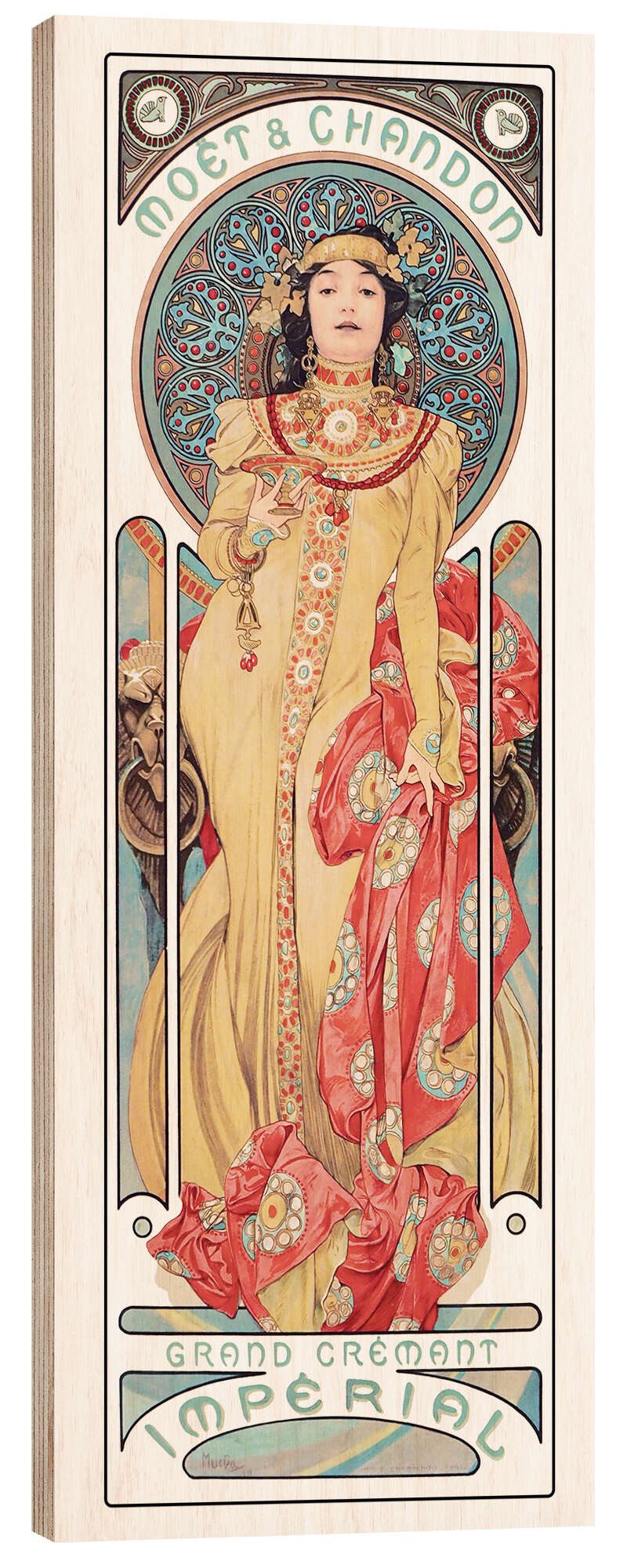Posterlounge Holzbild Alfons Mucha, Moët & Chandon, Grand Crémant Imperial, Vintage Malerei
