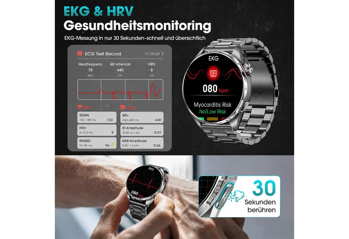 SWGOTA 2026 Neue Smartwatch Herren Damen mit EKG+PPG/Blutdruck/HRV-Analyse Smartwatch 1,74" AMOLED, Fitnessuhr IP68+5ATM und Bluetooth 5.4, mit SpO2/Puls/Schlafmonitor & SOS-Notruf für iOS & Android schwarz
