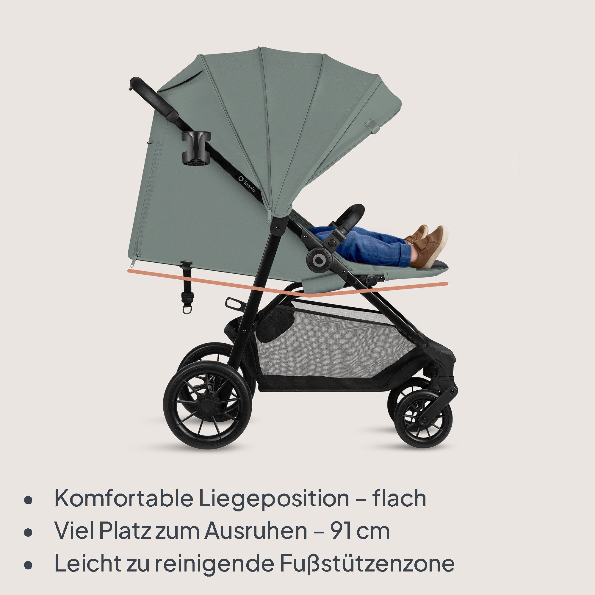 lionelo Kinder-Buggy EMERALD, (Set), XXL Verdeck UPF50+/EVA kugelgel./Federung v+h/Einhand-Falten