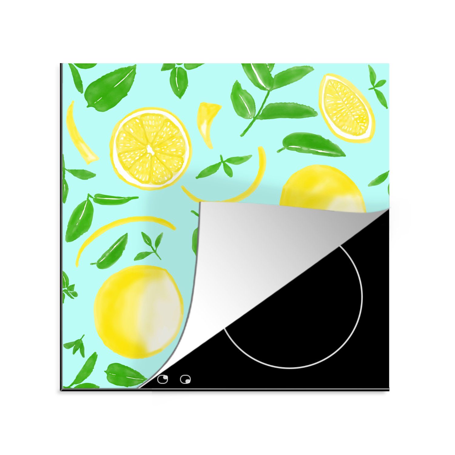 MuchoWow Herdblende-/Abdeckplatte Aquarell - Zitrone - Blätter, Vinyl, (1 tlg), 78x78 cm, Ceranfeldabdeckung, Arbeitsplatte für küche