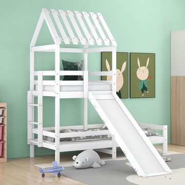 HAUSS SPLOE Kinderbett 200x90cm mit Leiter, Dach, Rutsche, Fallschutz und Gitter, weiß, Rahmen aus massiver Kiefer
