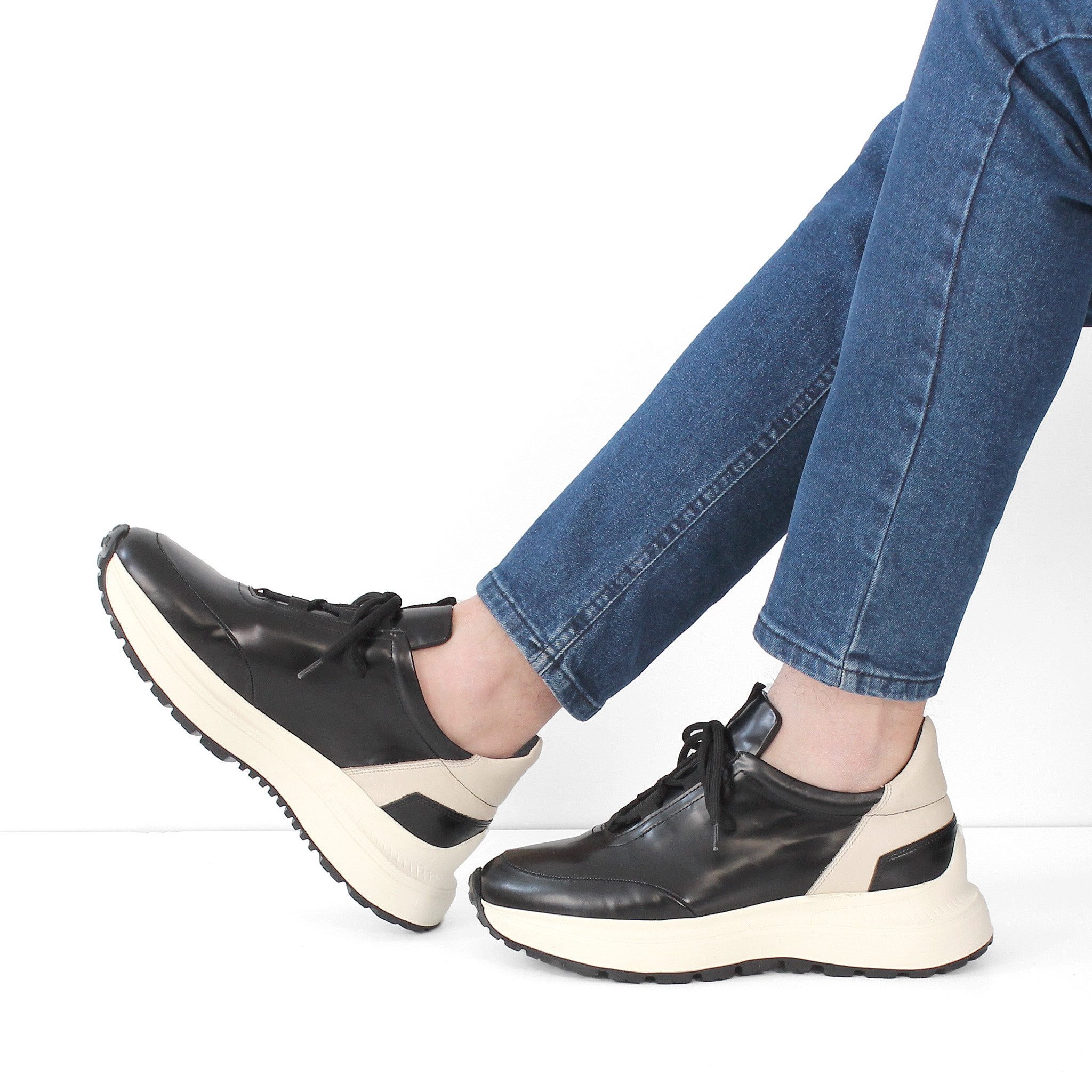 Celal Gültekin Plateausohle Schnürschuhe Low-Top Zweifarbig Herren Sneaker Florantic Hochglanz, Zweifarbig, Plateausohle, Schwarz/Beige, 40