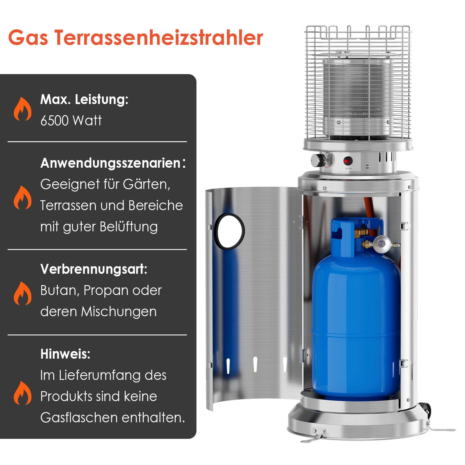 TLGREEN Heizstrahler, 6,5 kW Gasheizstrahler, Schutzhülle, Edelstahl mit Terrassenstrahler