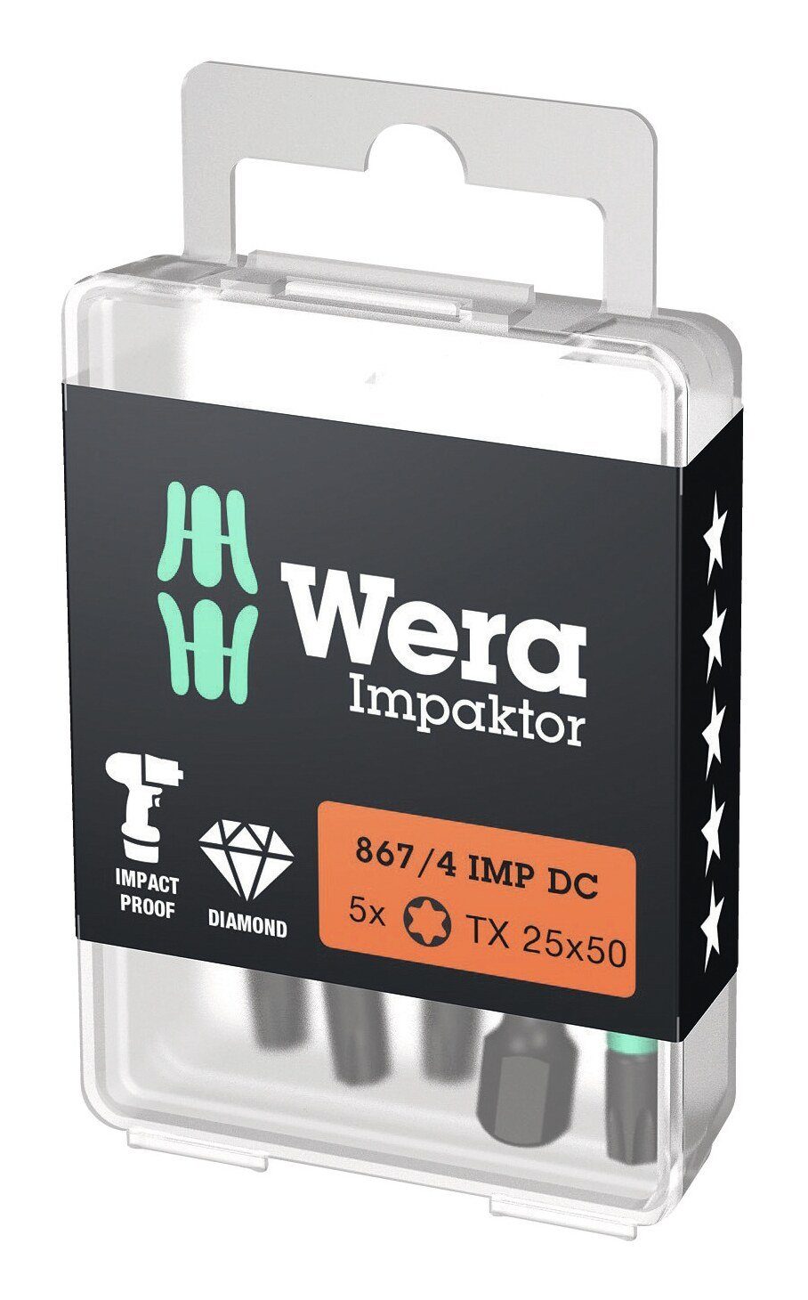 mm Pack DIN 50 Wera Bit-Sortiment Bit-Box T25 Impaktor 1/4" Bit-Set, 5er E6,3 3126 x