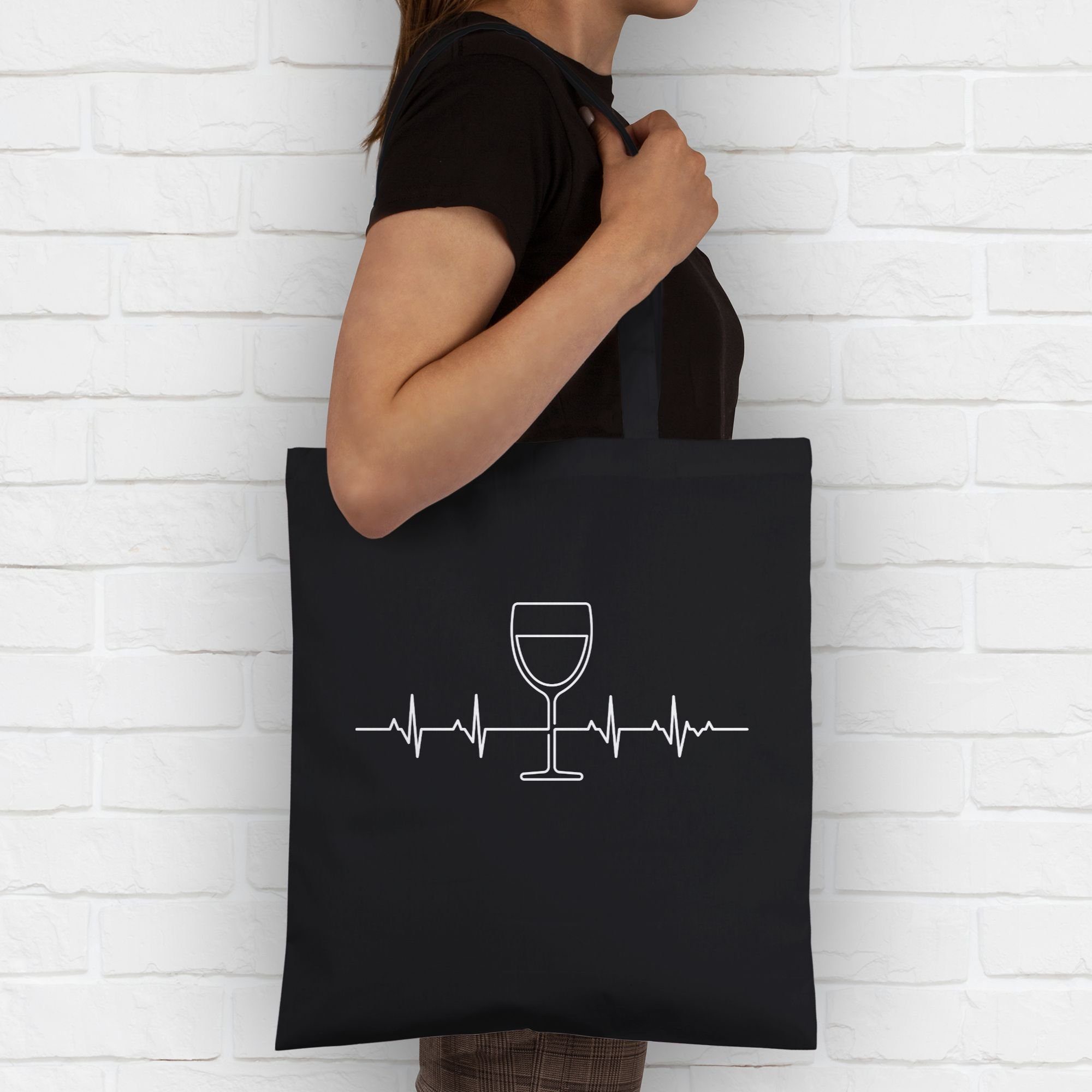 und Vino Schwarz 1 Umhängetasche Herzschlag Symbol Wein Zeichen Outfit Shirtracer Weinliebhaber,