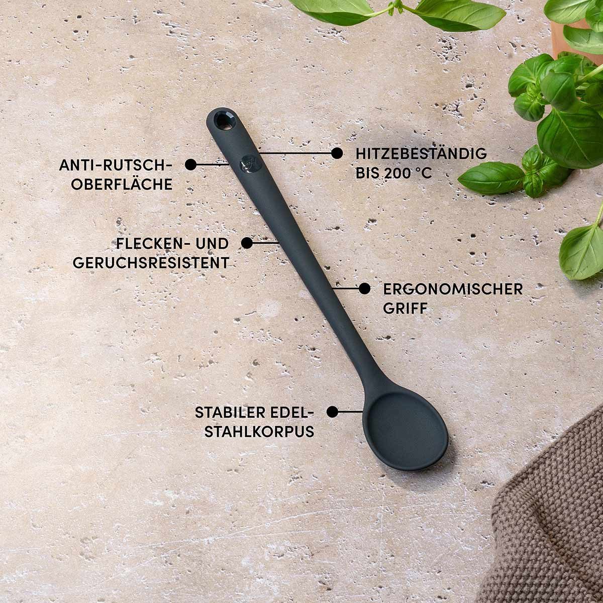 Hoffmann Germany Kochlöffel Rührlöffel Silikon Edelstahl 30 cm anthrazit, Edelstahlkern, geschmacksneutral, 200°C, spülmaschinenfest – Bild 5 von 5