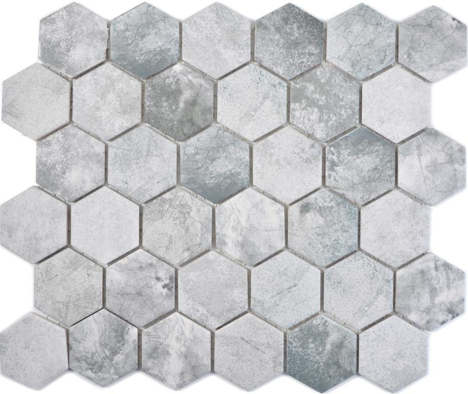Mosani Mosaikfliesen Sechseck Mosaik Fliese Keramik Zementoptik hellgrau
