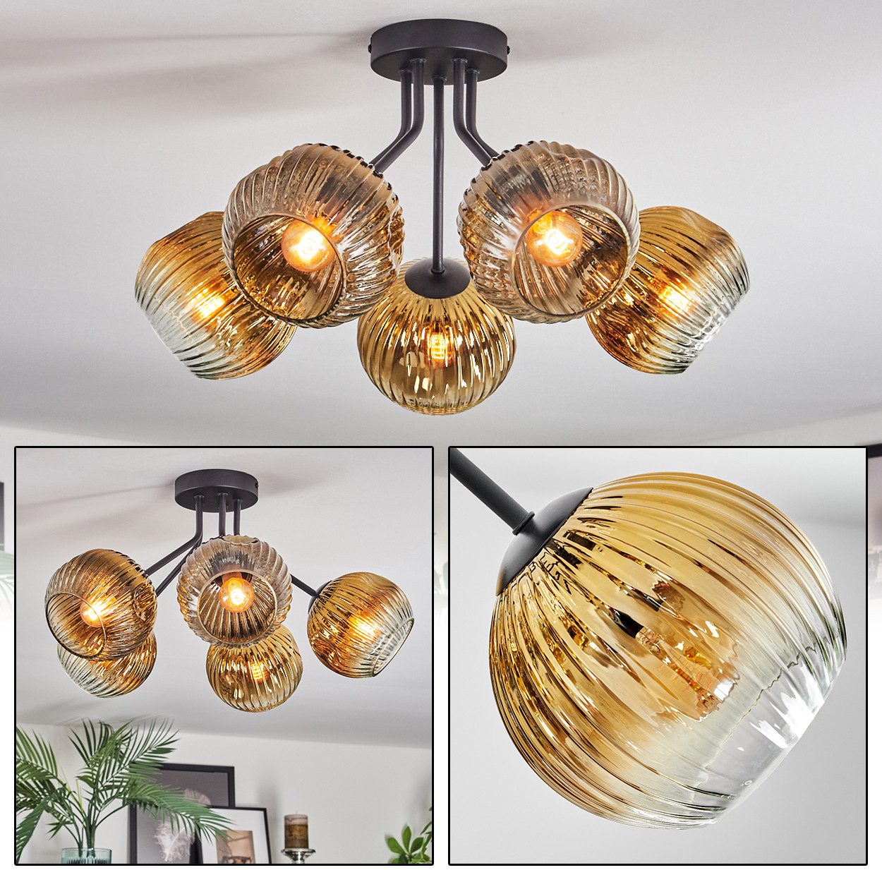 hofstein Deckenleuchte 5-flammige Deckenlampe aus Metall/Riffelglas in Schwarz/Gold/Klar, Leuchte im Retro/Vintage-Design (Schirme Ø 15 cm), E14, Esszimmer
