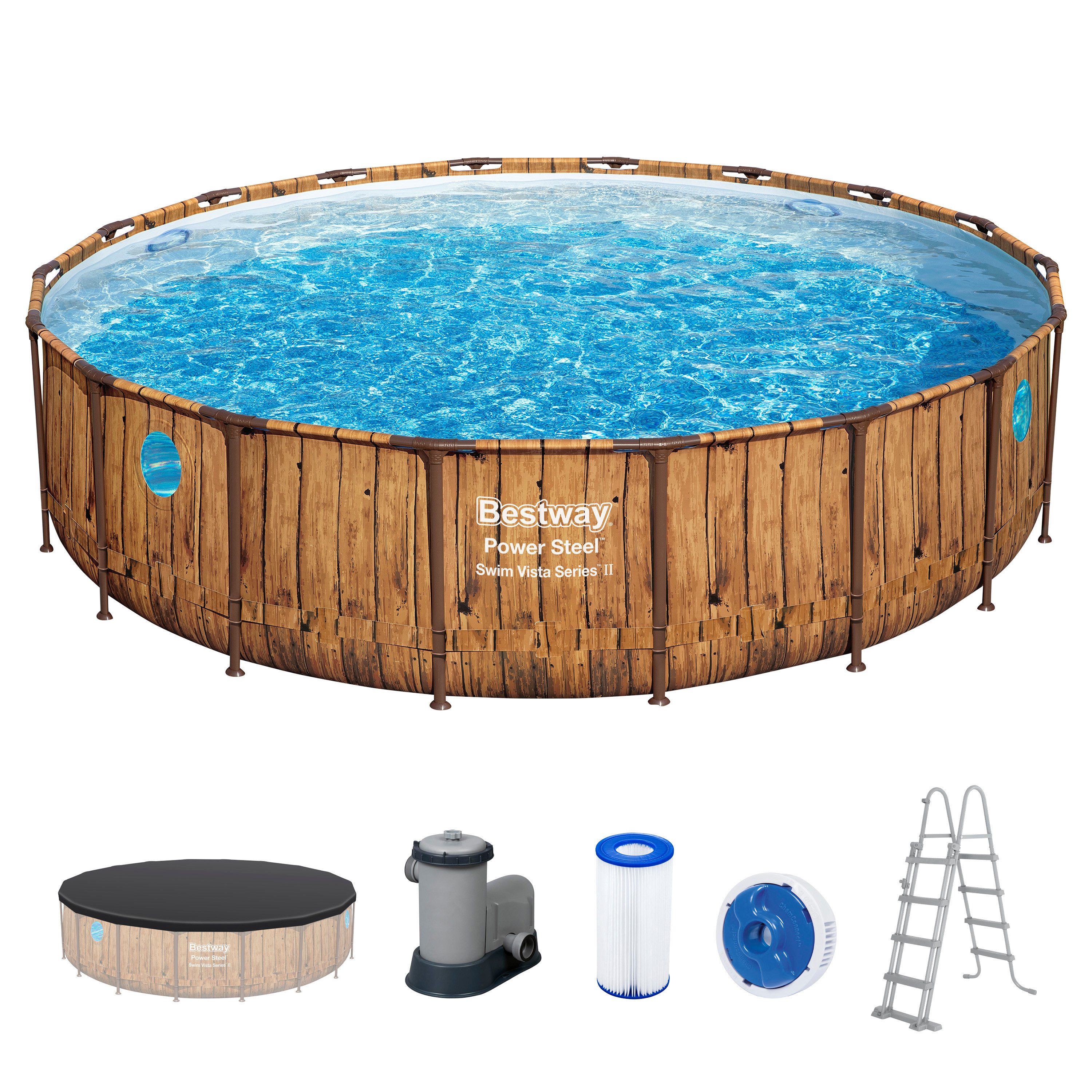 Bestway Framepool Power Steel™ Swim Vista Series™ (Set, Inkl. Filterpumpe, Sicherheitsleiter, Abdeckplane), Ø 549 x 122 cm